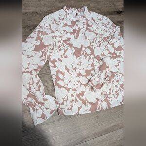 Floral Ruffle Neck Blouse - Mauve Pink and White